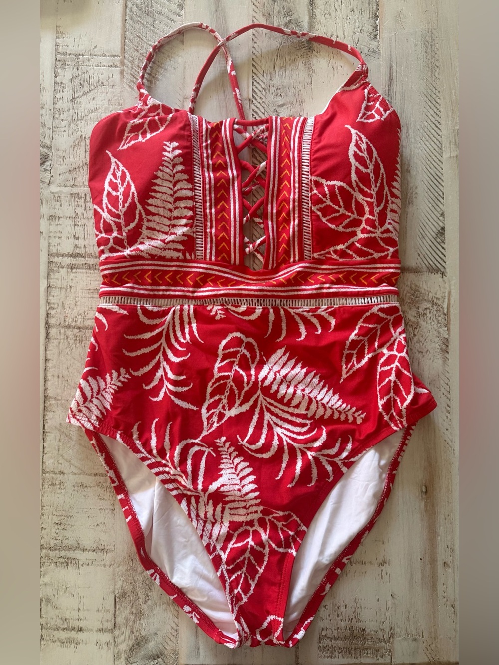 La Blanca Red Leaf-Print Kids One-Piece Swimsuit with Lace-Up Front